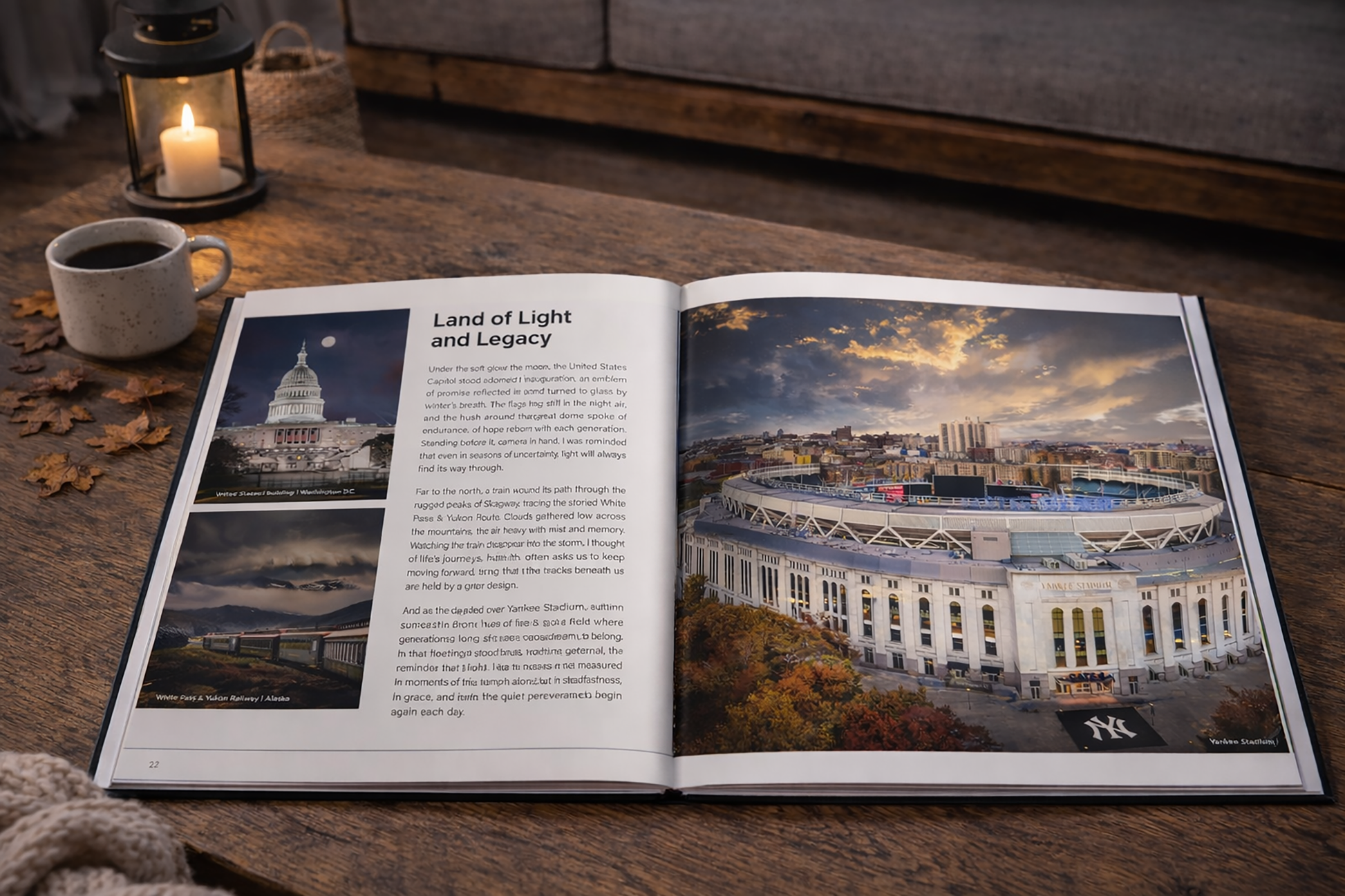 an open book with a photograph of a large stadium on the right page, and a photograph of the United States Capitol building on the left page. The book is placed on a wooden surface, with a candle and a cup of coffee nearby.