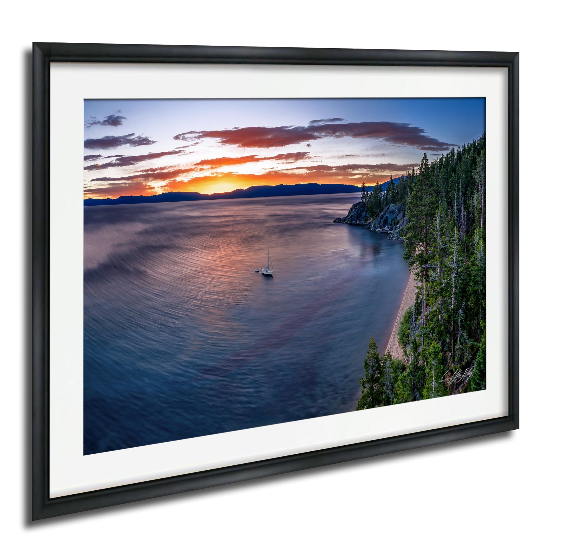 A serene landscape with a calm lake, a sailboat on the water, and a picturesque sunset over the horizon.