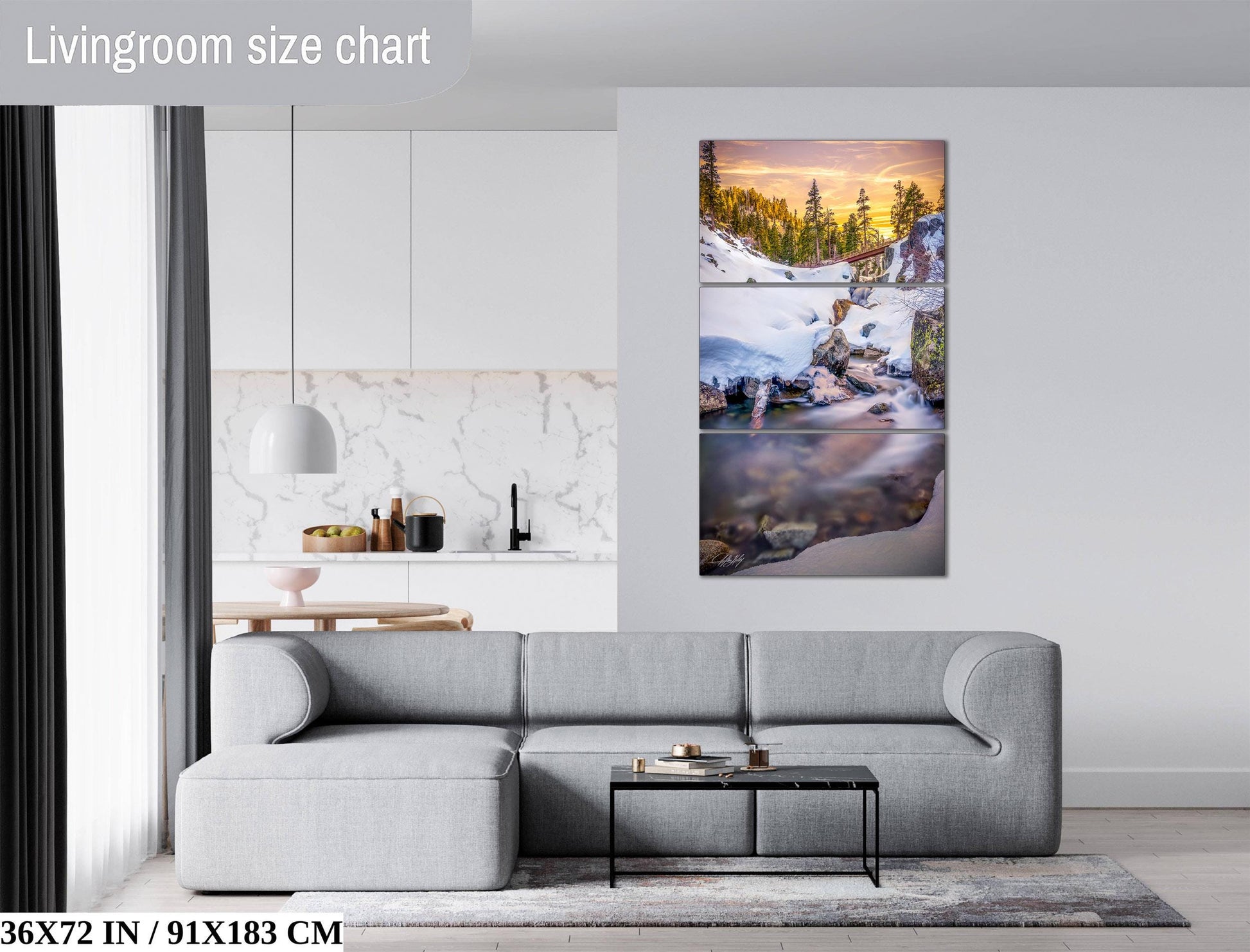 The image is a living room with a gray sofa, a coffee table, and a large wall art depicting a snowy mountain landscape with a waterfall.
