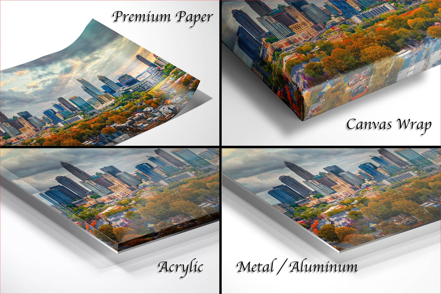 The image is a collage of four different views of a city skyline, each with a distinct perspective and angle. The collage includes a close-up view of the cityscape, a wide-angle view of the skyline, a top-down view of the city, and a side view of the city. The collage is labeled as "Premium Paper", "Canvas Wrap", "Acrylic", and "Metal/Aluminum".