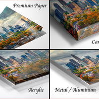 The image is a collage of four different views of a city skyline, each with a distinct perspective and angle. The collage includes a close-up view of the cityscape, a wide-angle view of the skyline, a top-down view of the city, and a side view of the city. The collage is labeled as "Premium Paper", "Canvas Wrap", "Acrylic", and "Metal/Aluminum".