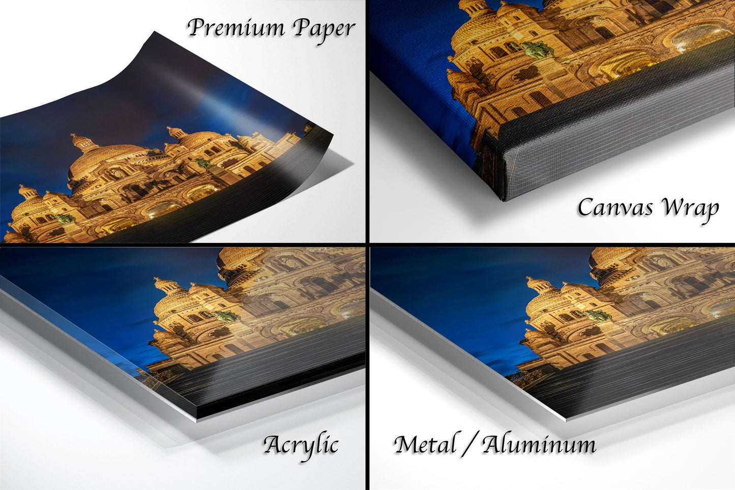 The image is a collage of four different views of a building at night, each with a different finish: "Premium Paper", "Canvas Wrap", "Acrylic", and "Metal/Aluminum".