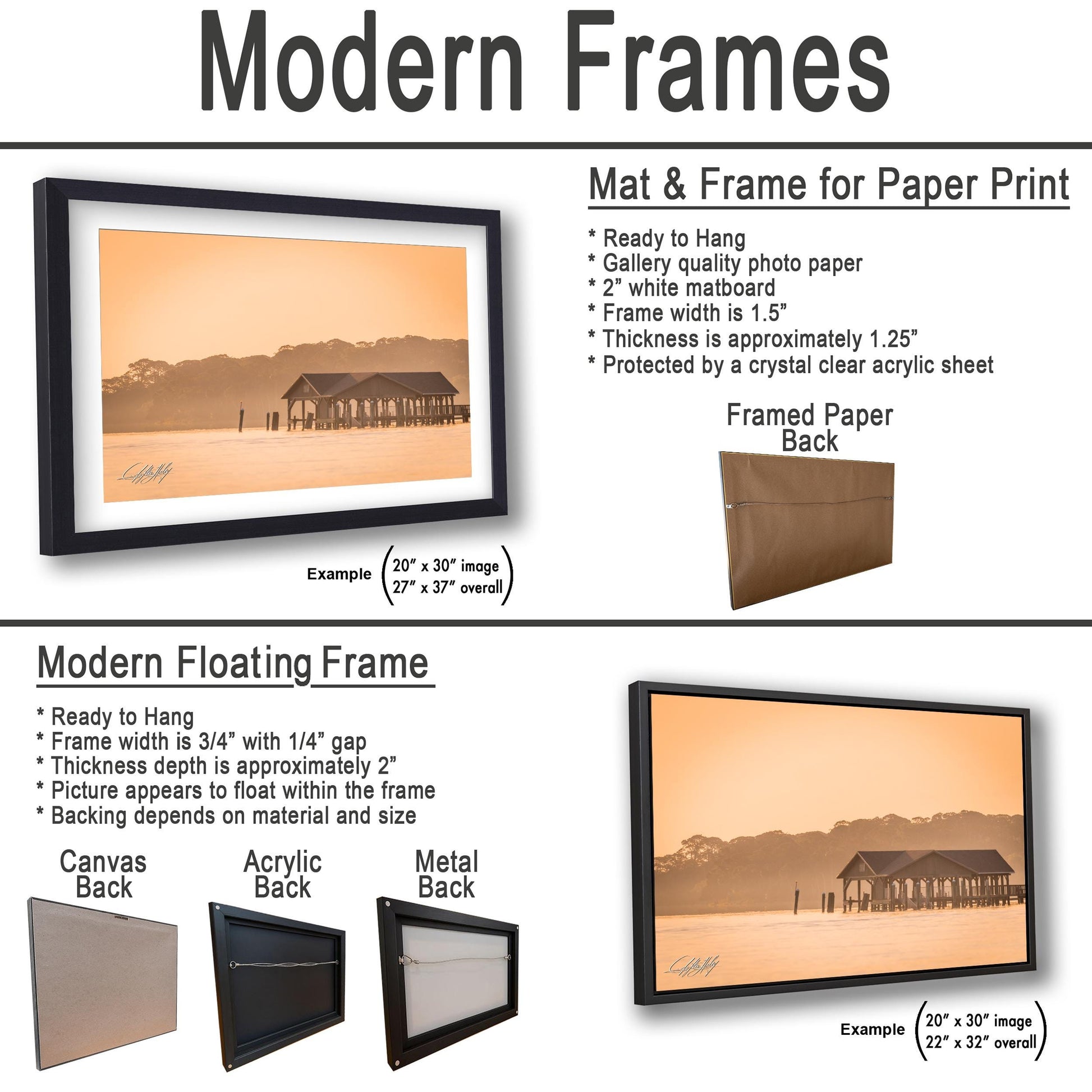 The image is a collage of three framed artworks, each with a different frame and backing material. The first frame is a mat and frame for a paper print, the second frame is a modern floating frame, and the third frame is a mat and frame for a canvas print.