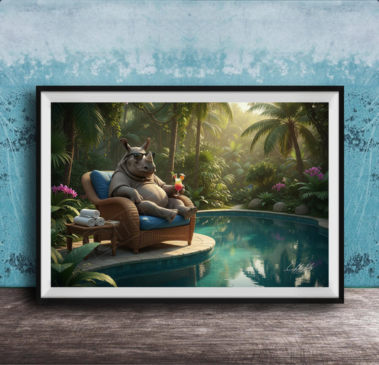 A whimsical scene featuring a rhinoceros sitting in a wicker chair by a pool, surrounded by lush tropical foliage and flowers.