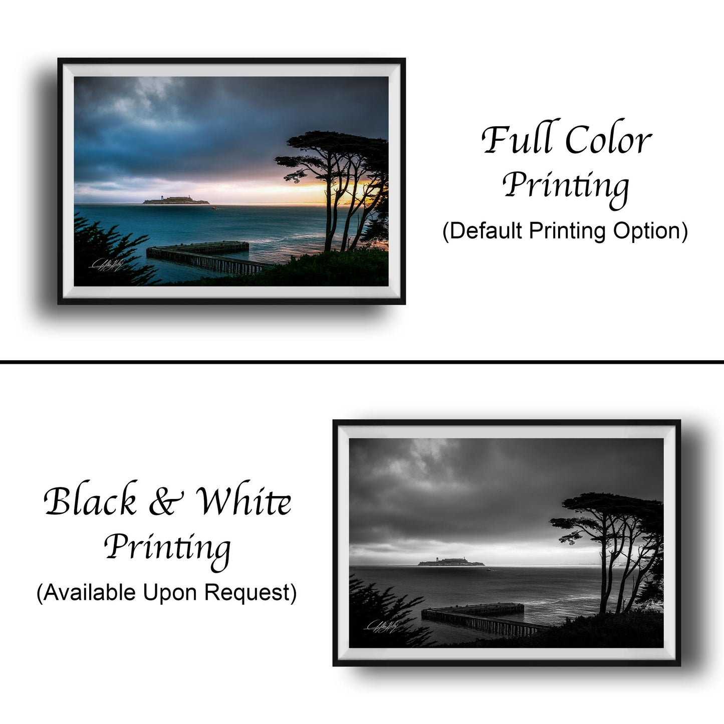 The image is a collage of two framed photographs. The top photograph is a black and white image of a beach with a pier, while the bottom photograph is a full color image of the same beach scene. The text below the images indicates that the full color version is the default printing option, and the black and white version is available upon request.