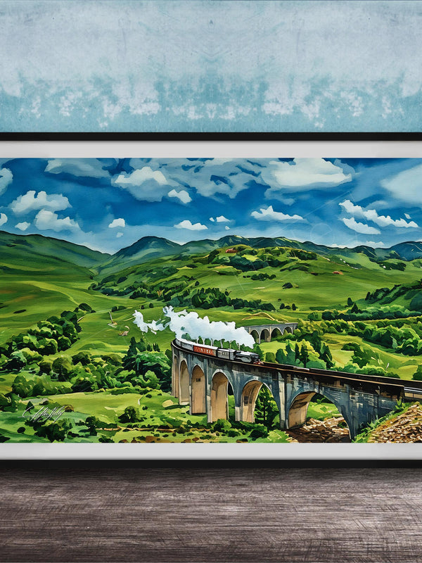 A framed painting depicting a scenic landscape with a curved stone bridge spanning a valley, surrounded by rolling hills and lush greenery.
