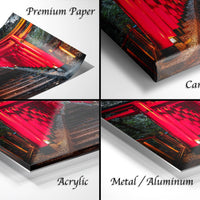 The image is a collage of four different views of a red gate, with each view labeled as "Premium Paper", "Canvas Wrap", "Acrylic", and "Metal/Aluminum".