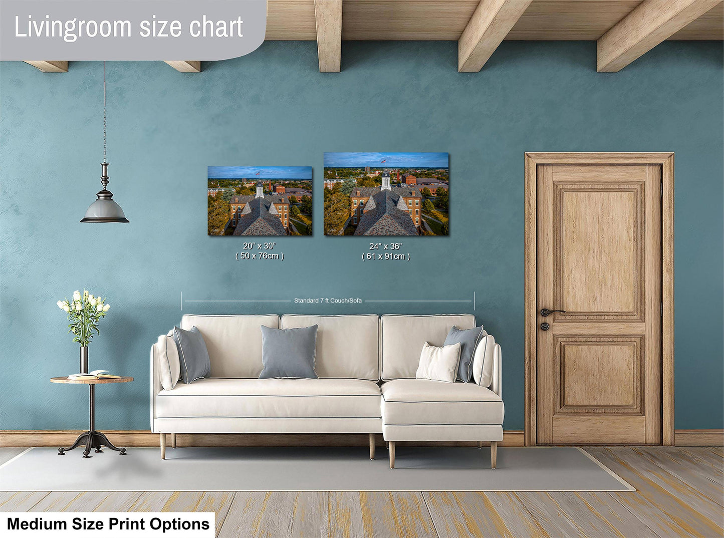 a living room with a white sofa, a wooden door, and a hanging light fixture. Above the sofa, there is a size chart for a medium-sized print, indicating the dimensions of the print in both inches and centimeters.