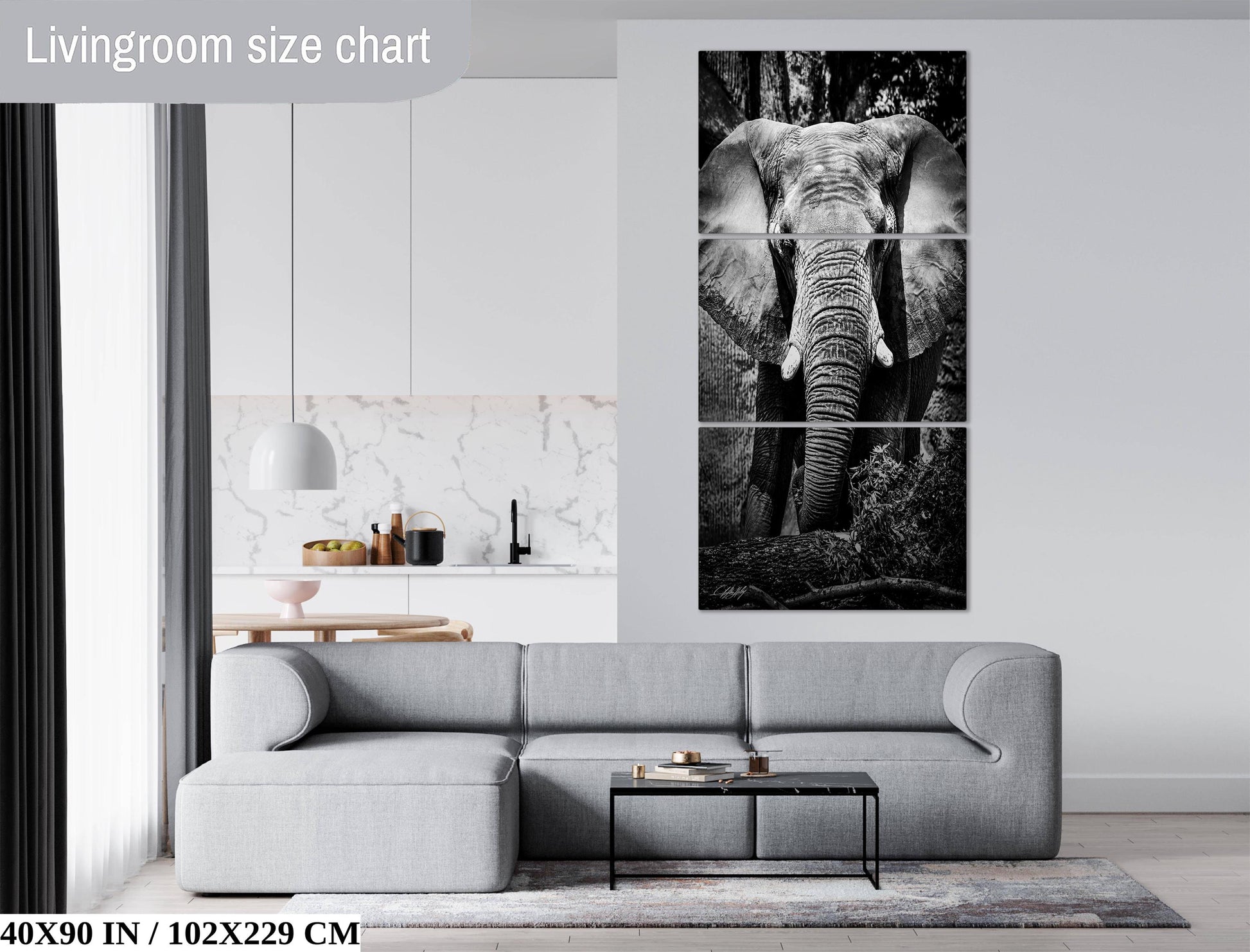 The image is a living room with a gray sofa, a coffee table, and a large black and white elephant painting on the wall.
