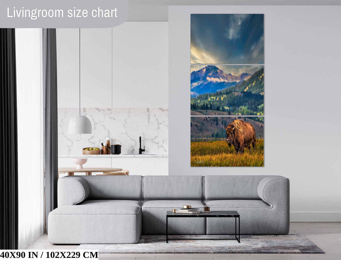 The image is a living room with a gray sofa, a coffee table, and a large wall art depicting a bison in a grassy field with mountains in the background.