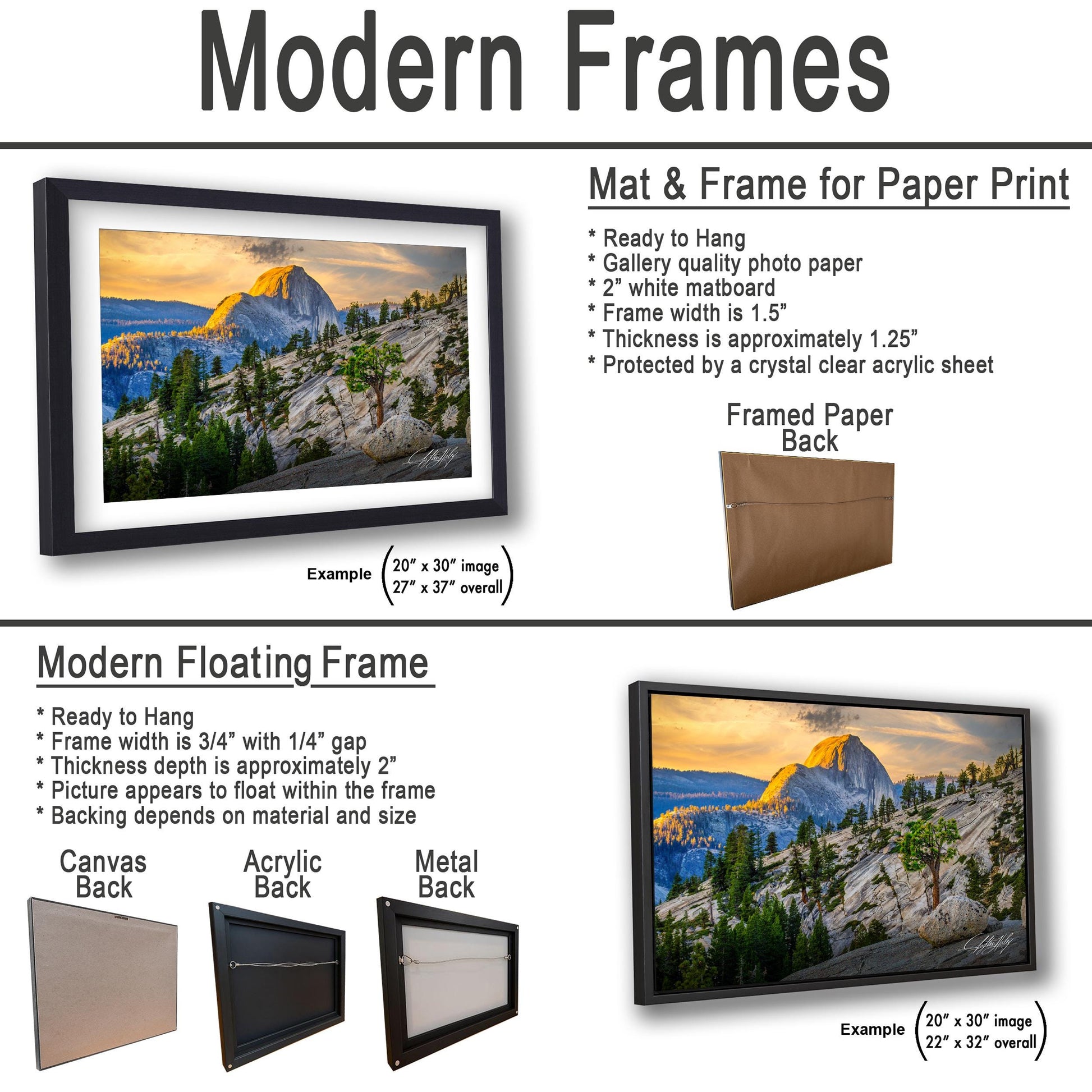 The image is a collage of three framed pictures, each with different frame types and backings. The first frame is a mat and frame for a paper print, the second frame is a modern floating frame, and the third frame is a mat and frame for a printed back.