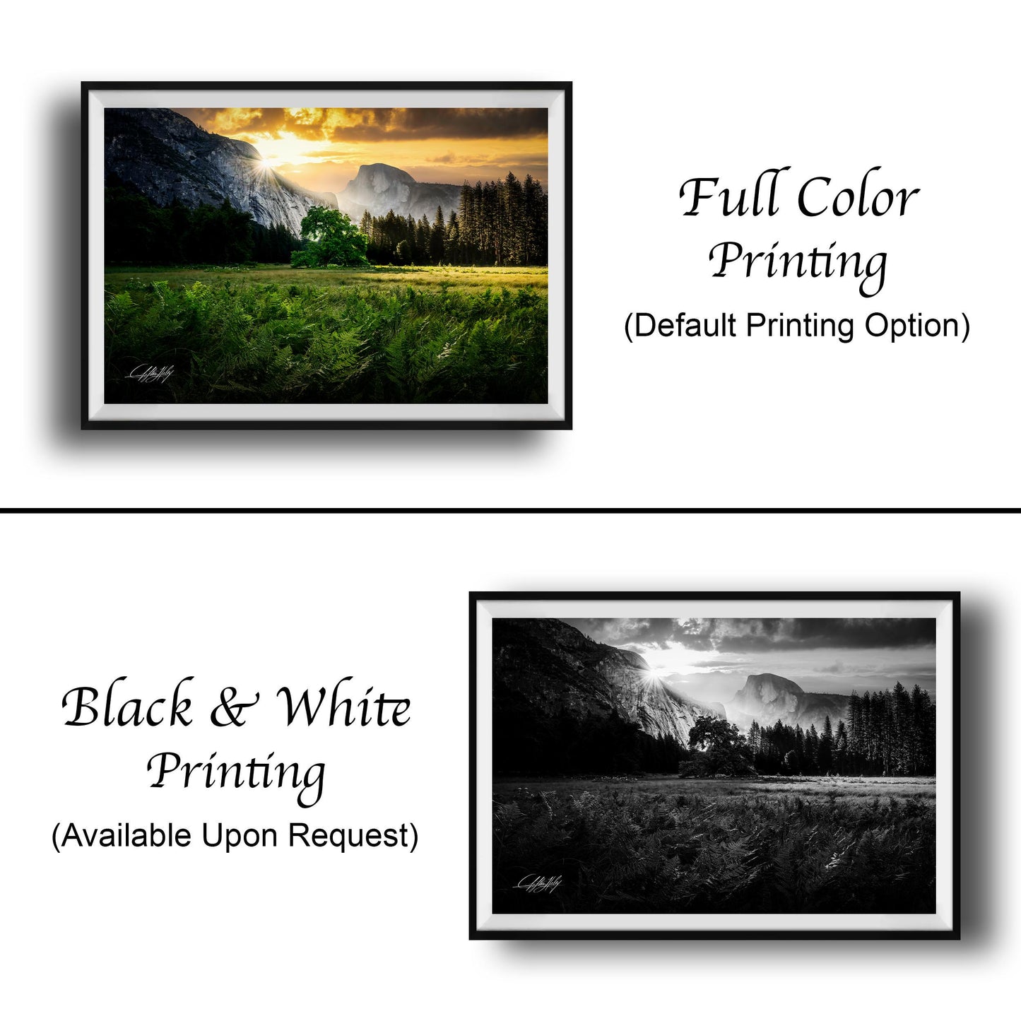 The image is a collage of two framed landscape photographs. The top photograph is a full color print, while the bottom photograph is a black and white print. Both images depict a scenic landscape with mountains and a field. The top photograph is labeled "Full Color Printing" and the bottom photograph is labeled "Black & White Printing" and "Available Upon Request".