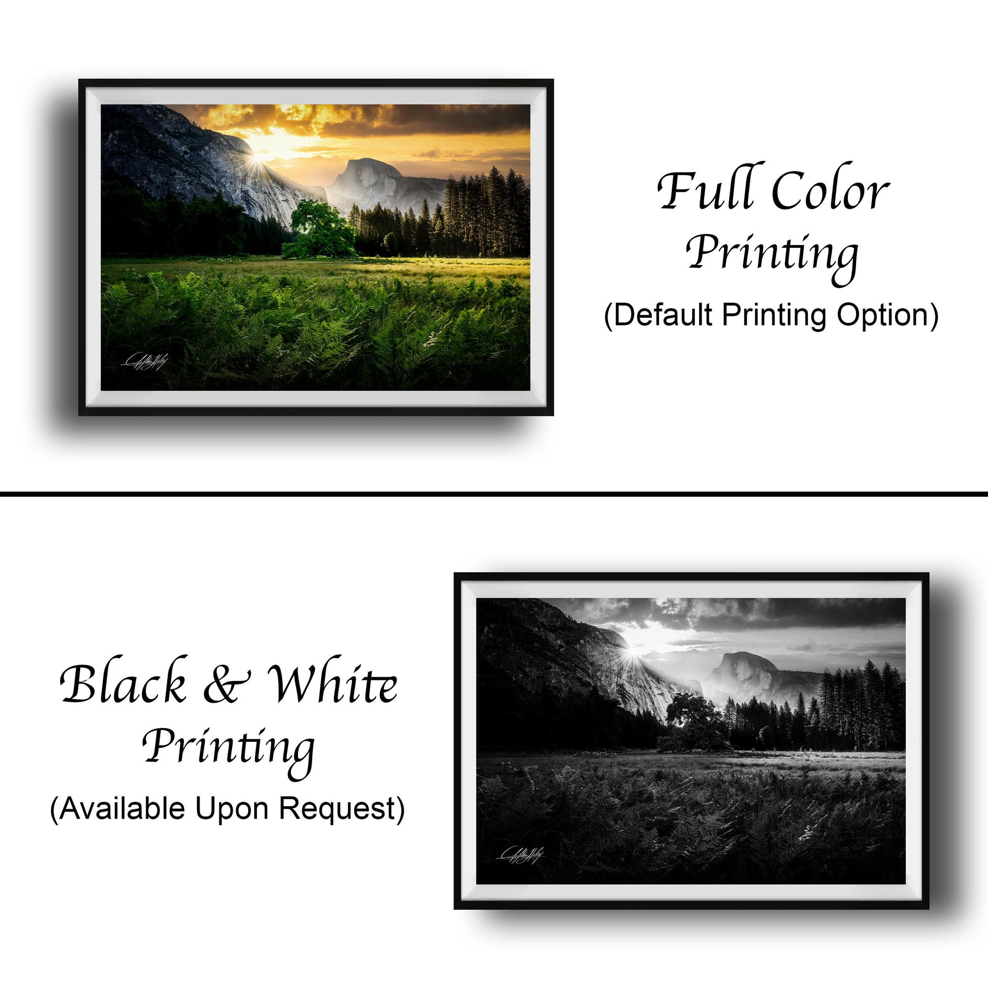 The image is a collage of two framed landscape photographs. The top photograph is a full color print, while the bottom photograph is a black and white print. Both images depict a scenic landscape with mountains and a field. The top photograph is labeled "Full Color Printing" and the bottom photograph is labeled "Black & White Printing" and "Available Upon Request".