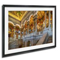 This luxury fine art photograph captures the grand interior architecture of the Library of Congress in Washington DC. Marble columns, ornate ceilings, and classical symmetry create a refined composition rooted in American national history and cultural legacy. Ideal for collectors, professionals, and interior designers seeking museum-quality wall art that embodies intellect, heritage, and timeless elegance.