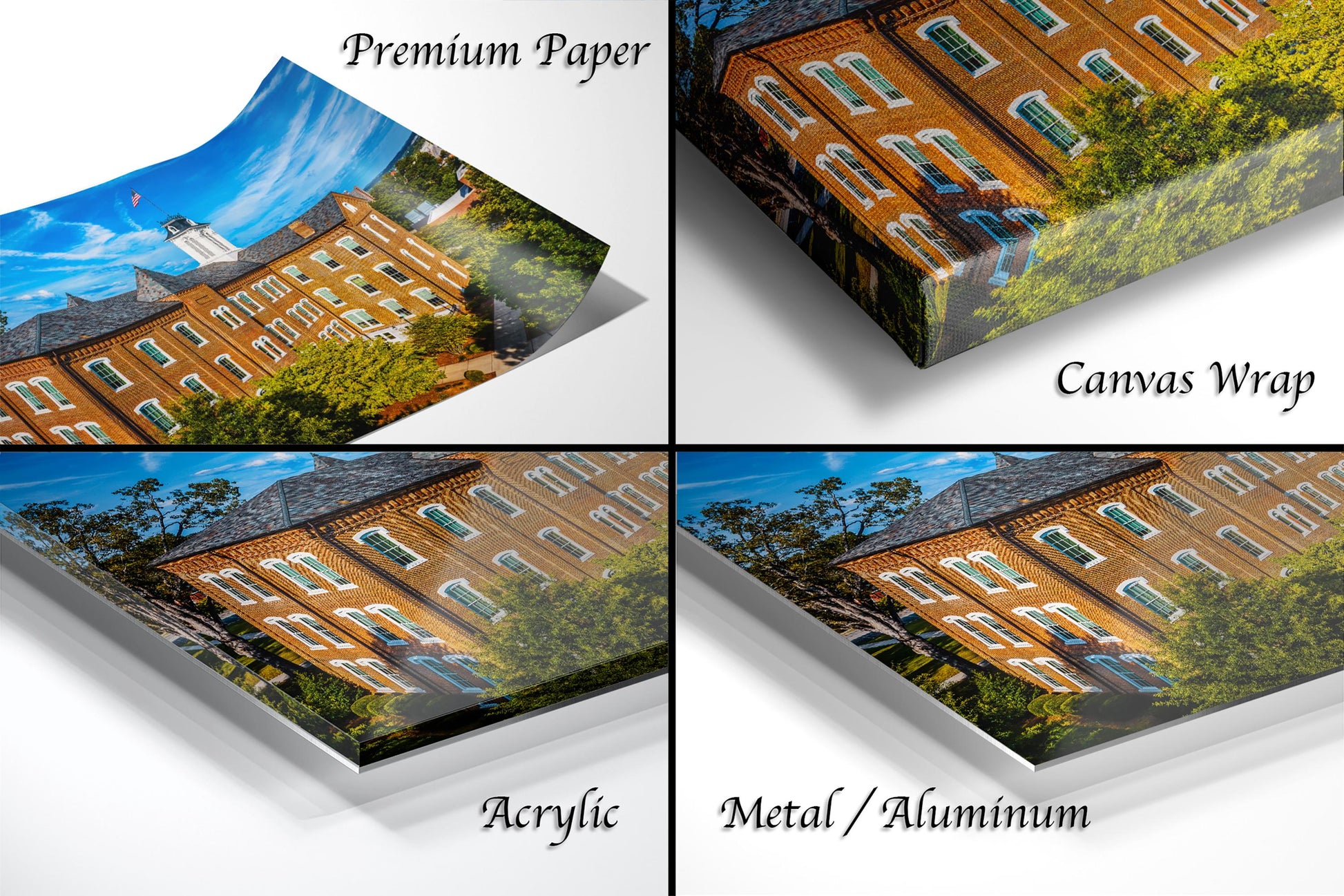 The image is a collage of four different views of a brick building, with each view labeled as either "Premium Paper", "Canvas Wrap", "Acrylic", or "Metal/Aluminum".
