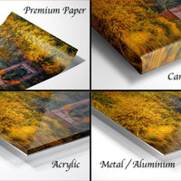 The image is a collage of four different views of a landscape, including a bridge, trees, and a body of water. The collage is labeled as "Premium Paper", "Canvas Wrap", "Acrylic", and "Metal/Aluminum".