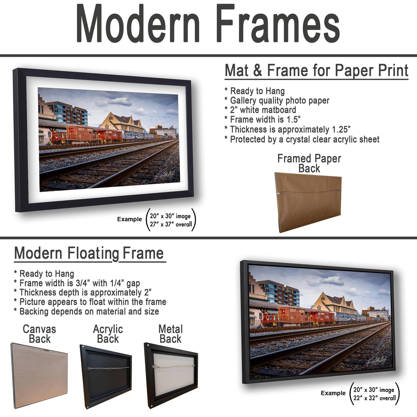 The image is a collage of two framed pictures, one of a train and the other of a cityscape. The framed picture is a mat and frame for a paper print, while the other is a modern floating frame.