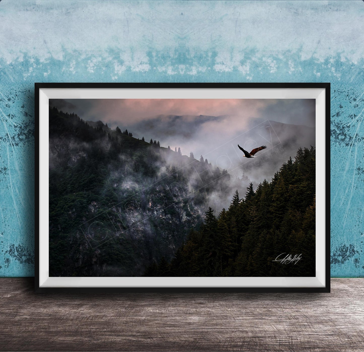 A framed photograph depicting a bird soaring over a misty mountain landscape with a forested area below.
