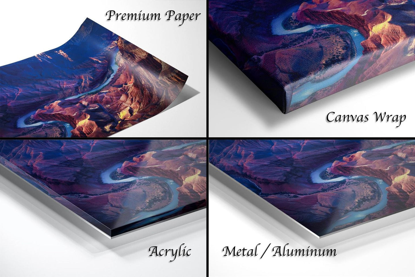 The image is a collage of four different images, each depicting a landscape with a river or stream. The images are labeled as "Premium Paper", "Canvas Wrap", "Acrylic", and "Metal/Aluminum".