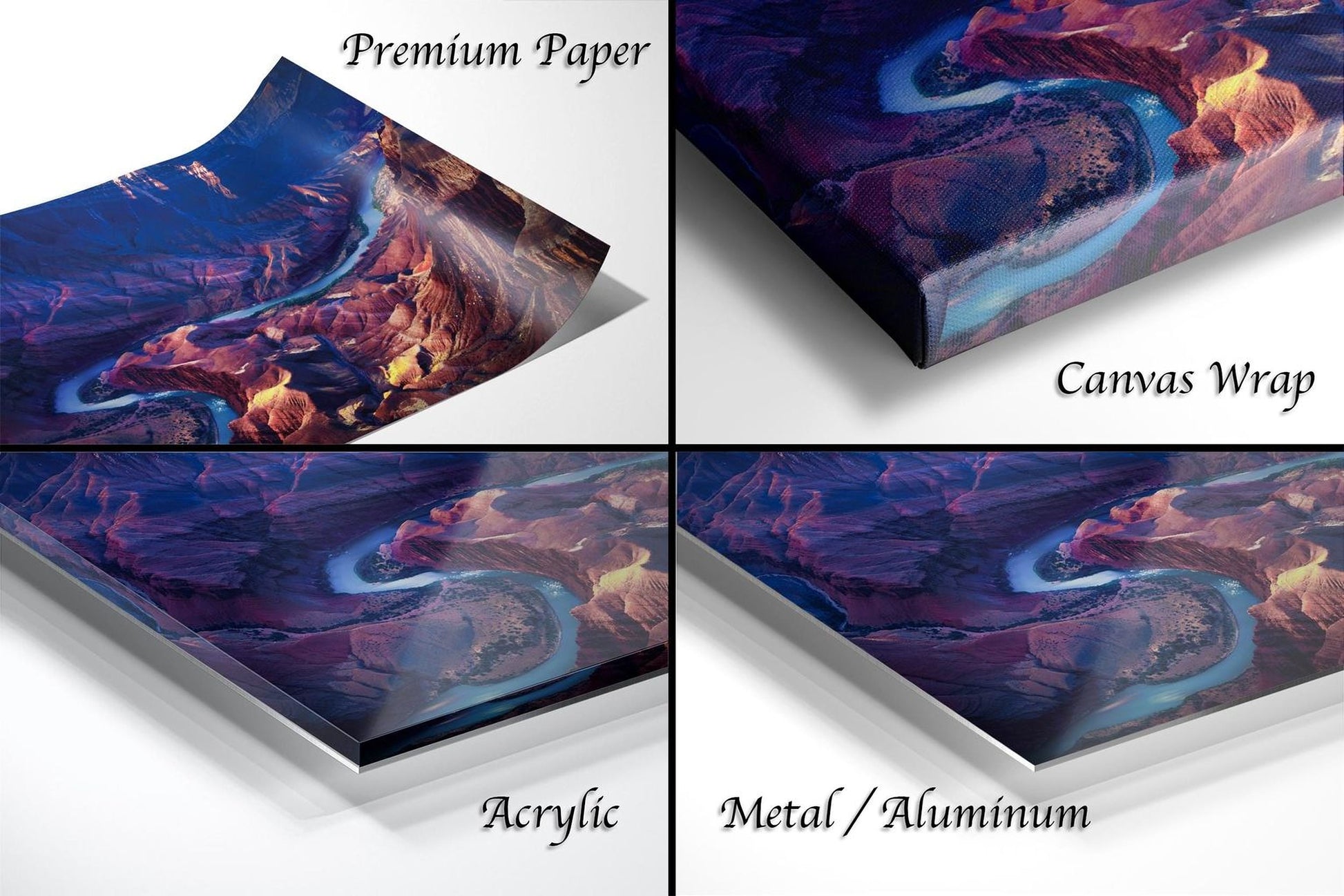 The image is a collage of four different images, each depicting a landscape with a river or stream. The images are labeled as "Premium Paper", "Canvas Wrap", "Acrylic", and "Metal/Aluminum".