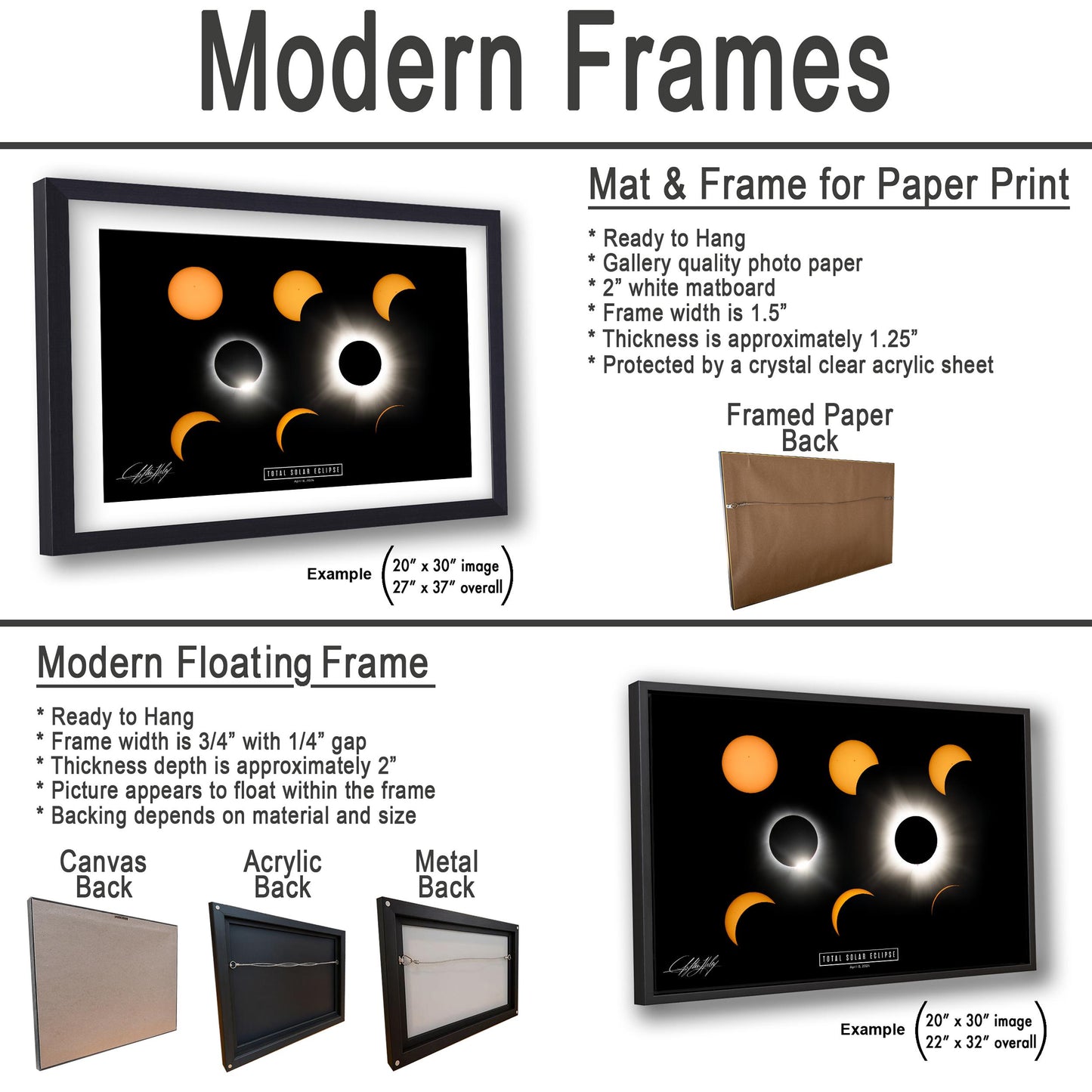 The image is a collage of various framed artworks, including a mat and frame for paper print, a modern floating frame, and a framed paper back.