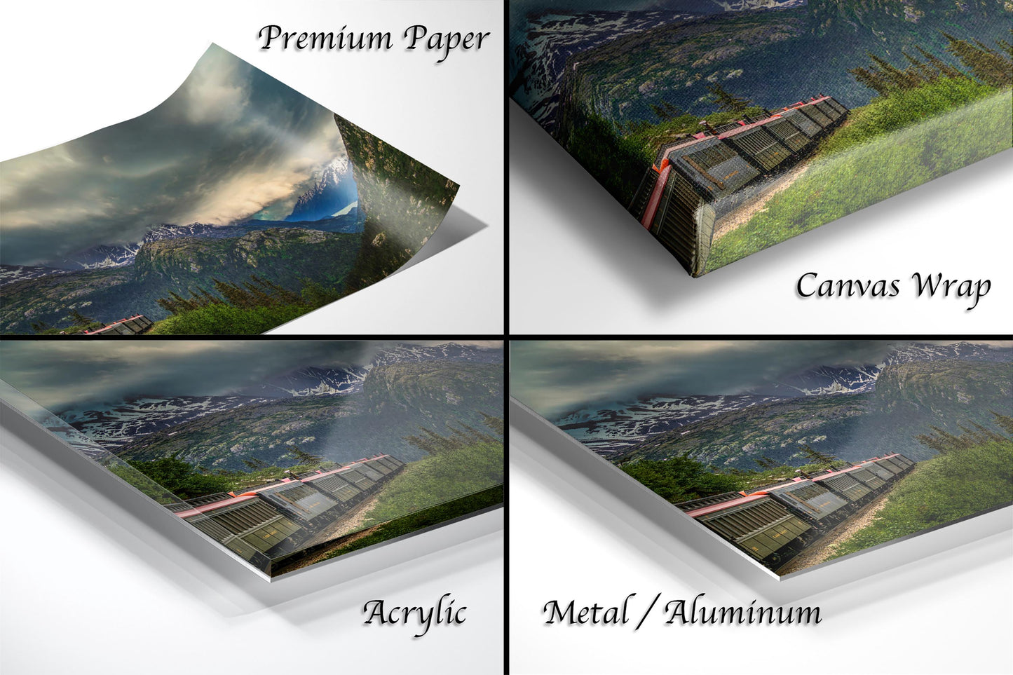 The image is a collage of four different images, each depicting a scenic landscape with mountains, trees, and a train. The images are labeled as "Premium Paper", "Canvas Wrap", "Acrylic", and "Metal/Aluminum".