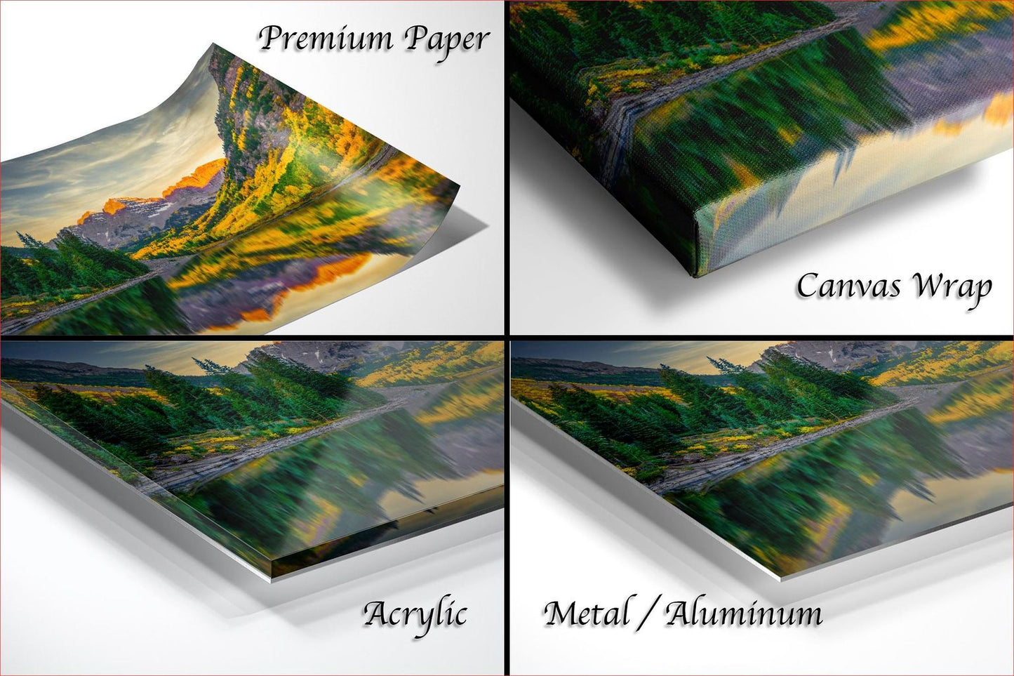 The image is a collage of four different views of a landscape, including a premium paper print, a canvas wrap, an acrylic print, and a metal/aluminum print.