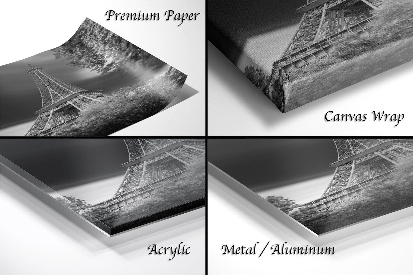 four different views of a black and white photograph of the Eiffel Tower, with each view labeled as either "Premium Paper", "Canvas Wrap", "Acrylic", or "Metal/Aluminum".