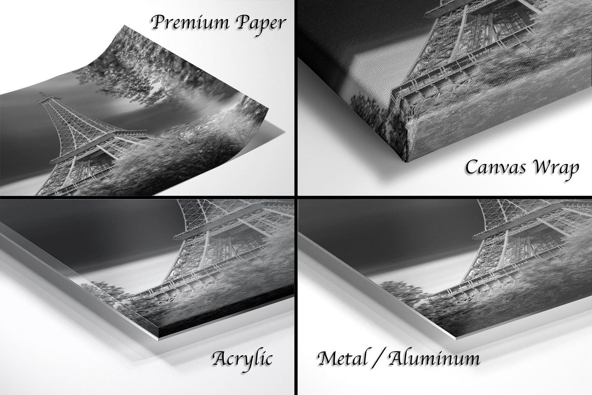 four different views of a black and white photograph of the Eiffel Tower, with each view labeled as either "Premium Paper", "Canvas Wrap", "Acrylic", or "Metal/Aluminum".