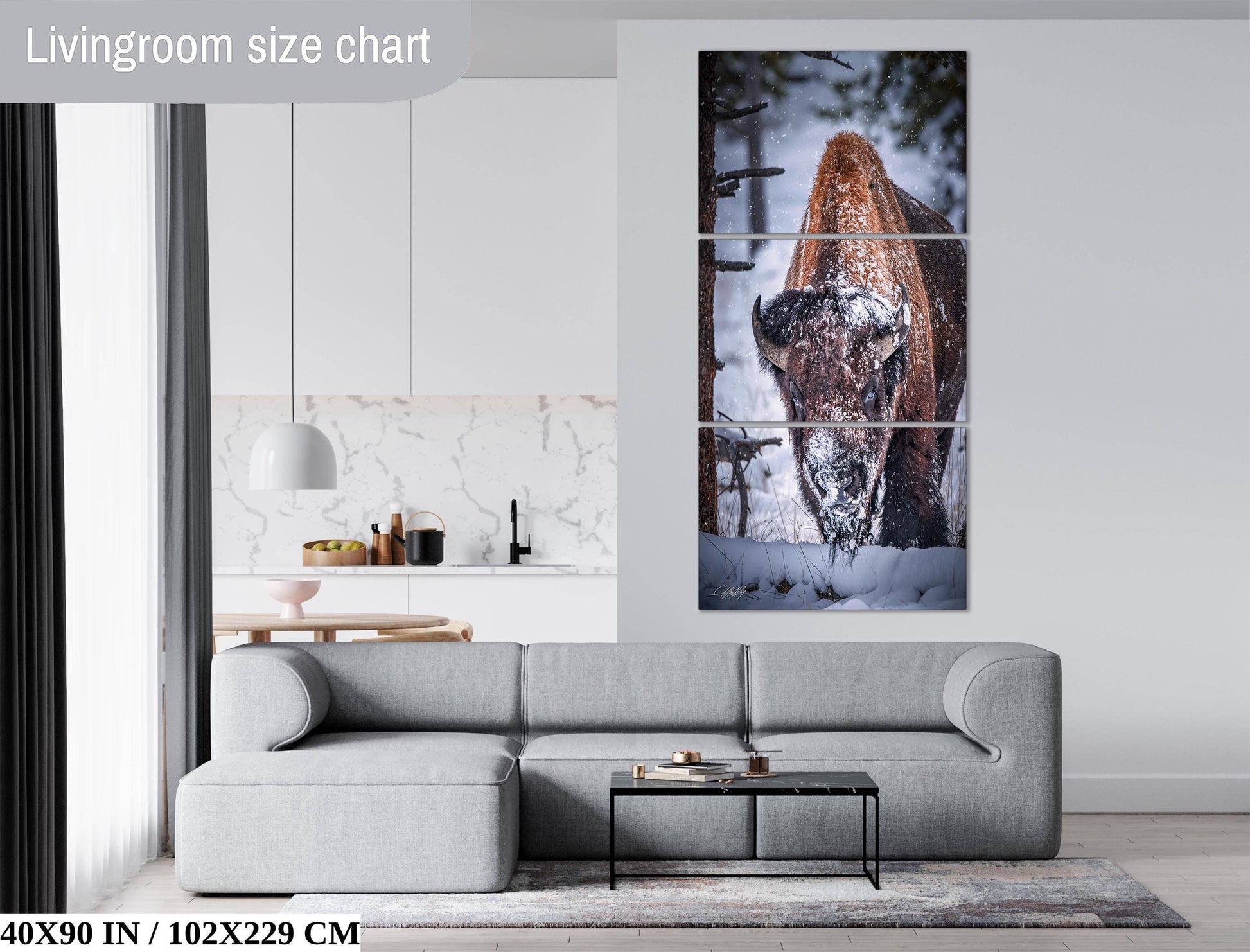 The image is a living room with a gray sofa, a coffee table, and a large painting of a horse in the background.