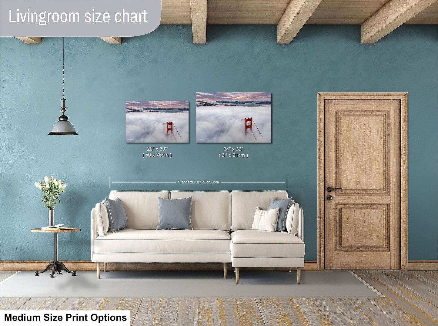 a living room with a white sofa, a wooden door, and a painting of the Golden Gate Bridge in the background. The living room has a blue wall and a wooden floor.