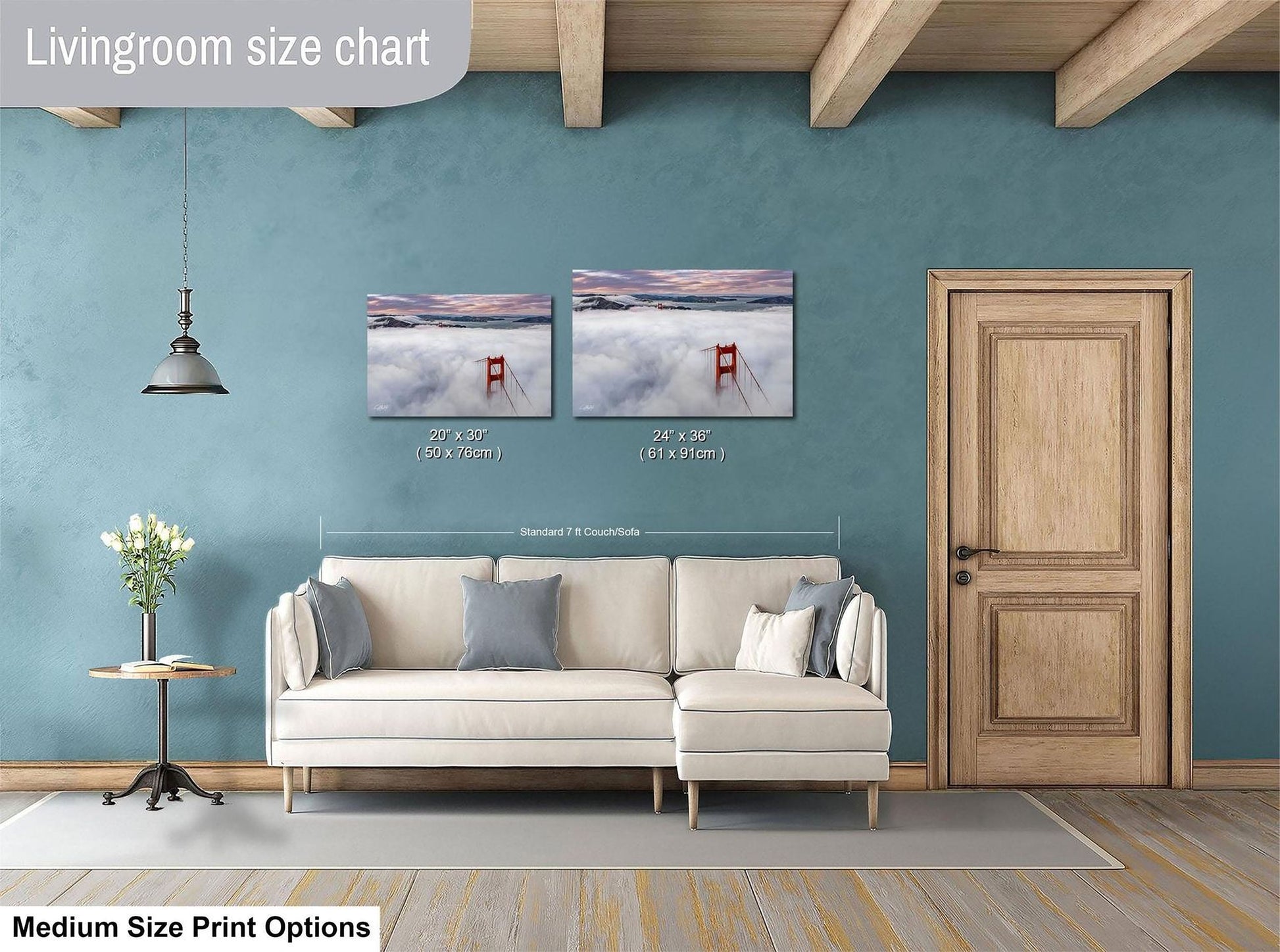 a living room with a white sofa, a wooden door, and a painting of the Golden Gate Bridge in the background. The living room has a blue wall and a wooden floor.