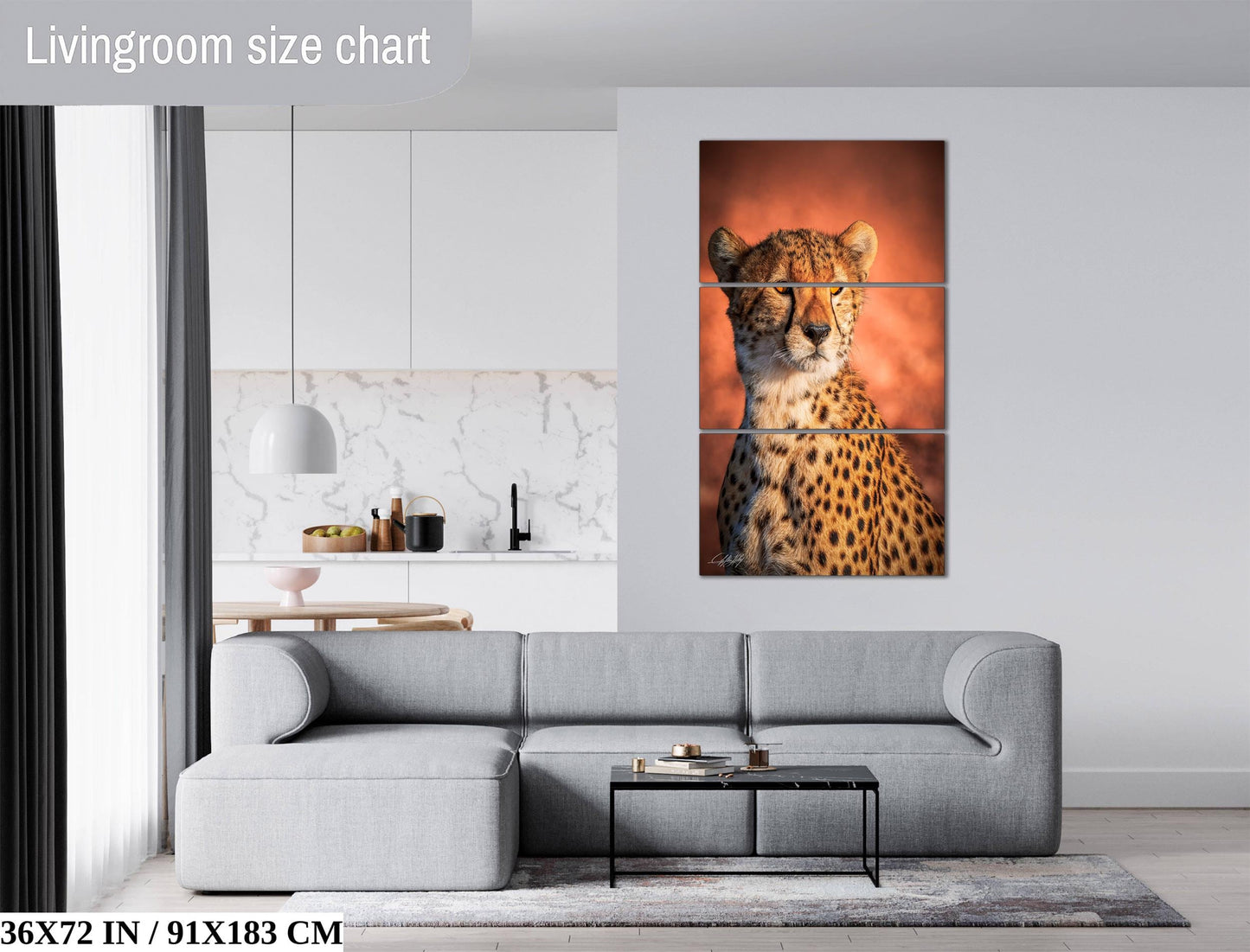 The image is a living room with a gray sofa, a coffee table, and a large wall art depicting a cheetah. The wall art is a three-piece collage, and the sofa is positioned in front of the wall art.