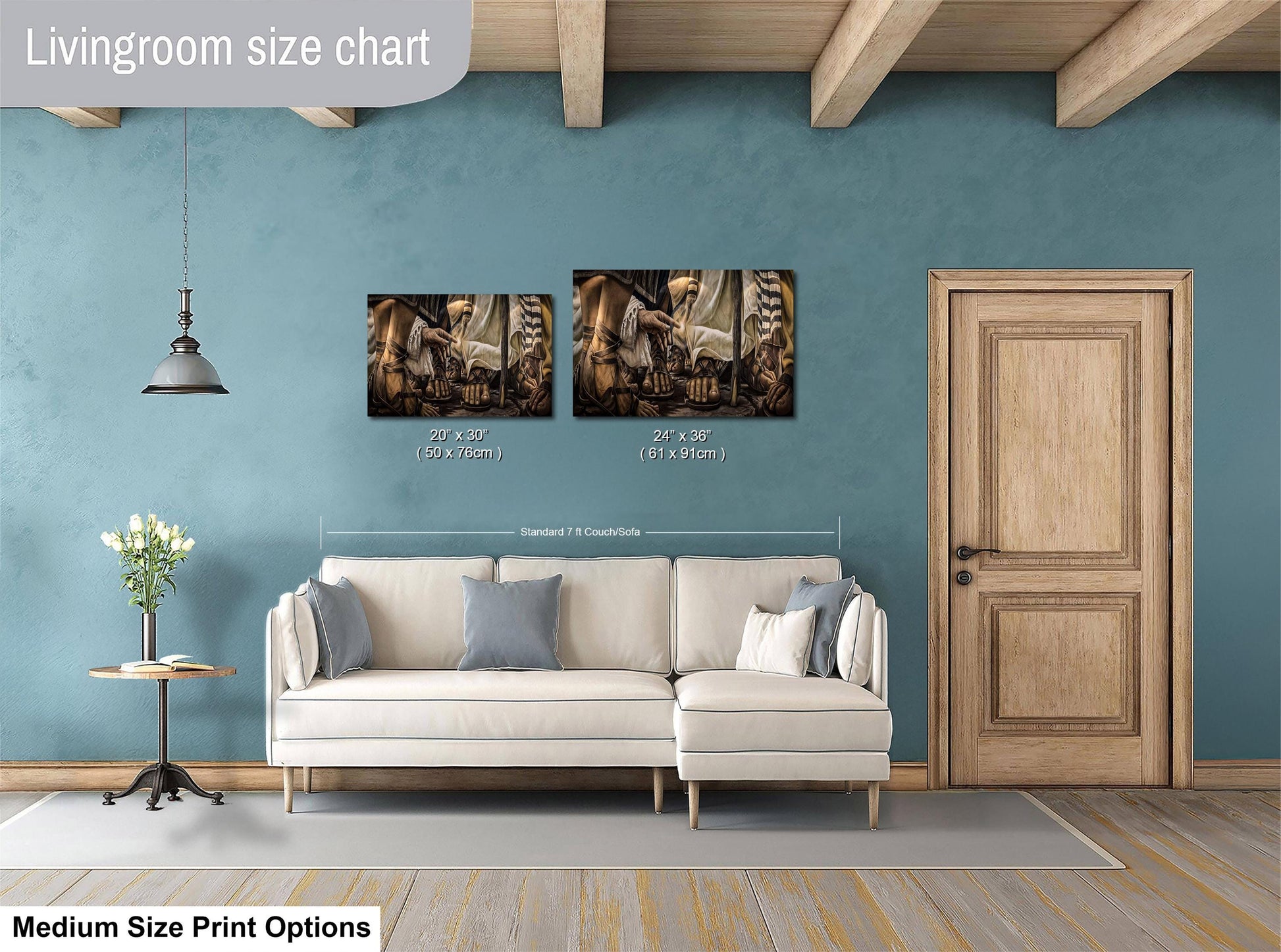 a living room with a white sofa, a wooden door, and a painting on the wall. The painting is of a man and a woman, and it is described as a medium-sized print.