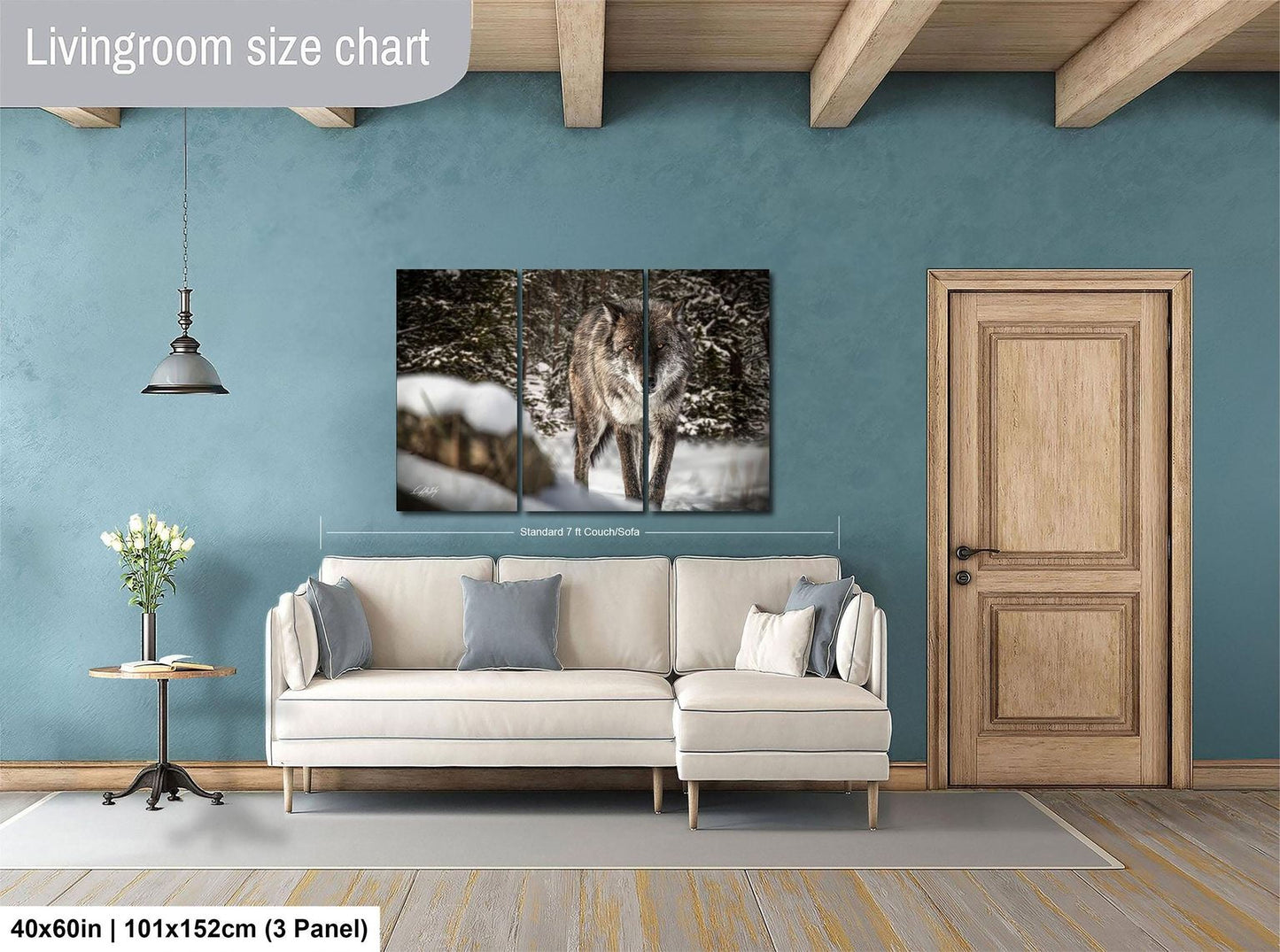 The image is a living room with a large white sofa, a wooden door, and a painting of a wolf in the background.