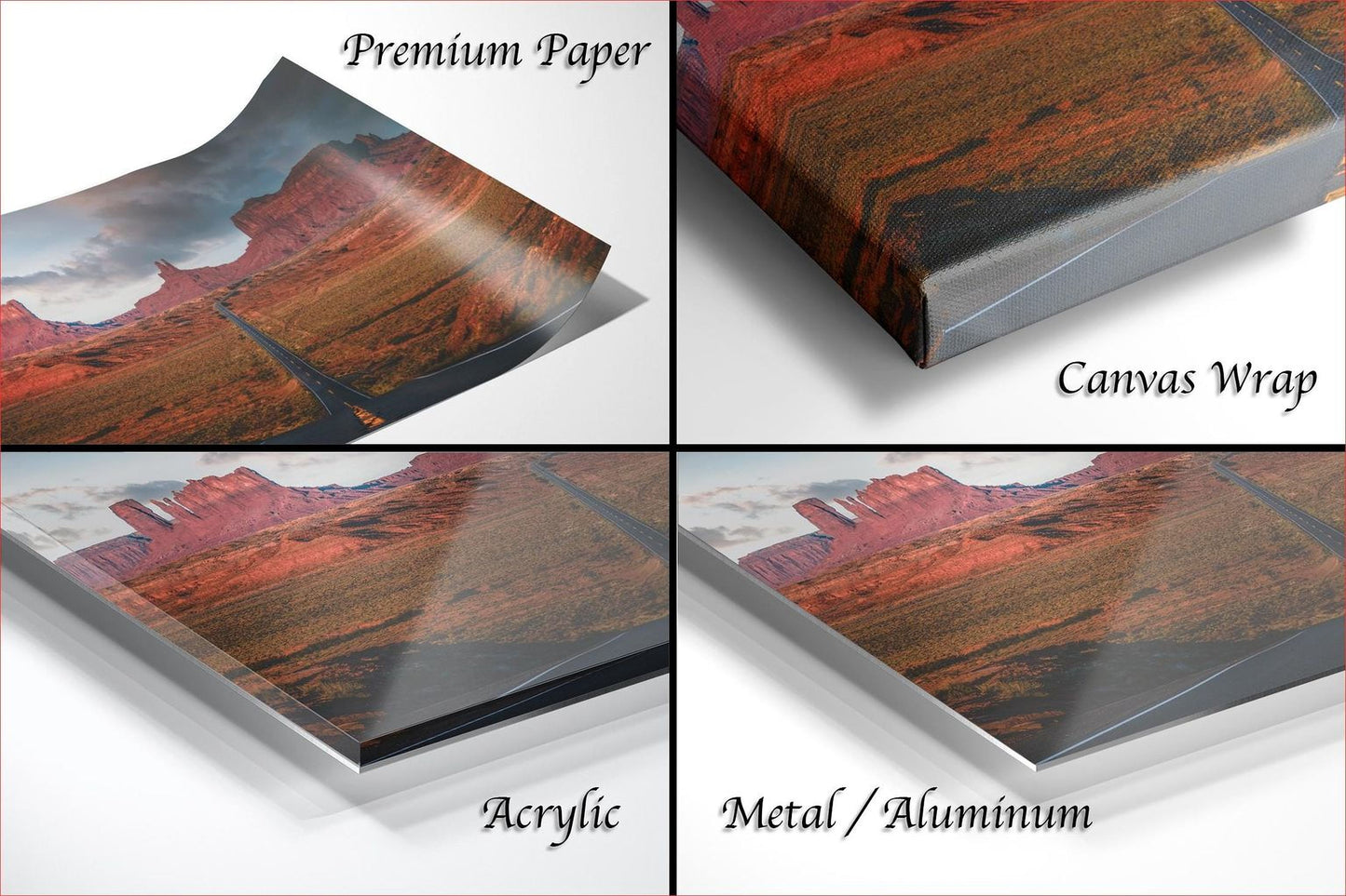 The image is a collage of four different views of a landscape photograph, including a close-up of the paper or canvas, a close-up of the metal or aluminum, and a close-up of the acrylic.