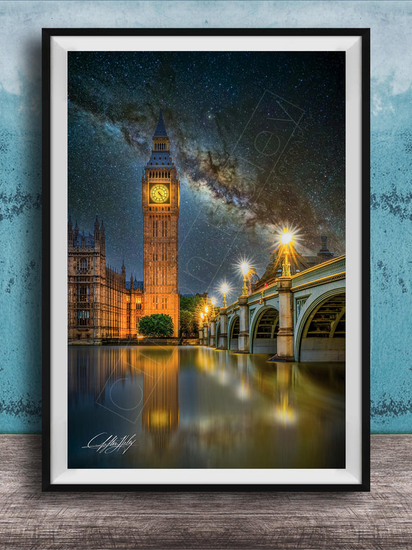 a night scene in London, featuring the iconic Big Ben clock tower and the River Thames, with a starry sky overhead.
