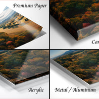 The image is a collage of four different images, each depicting a landscape scene. The images are labeled as "Premium Paper", "Canvas Wrap", "Acrylic", and "Metal/Aluminum".