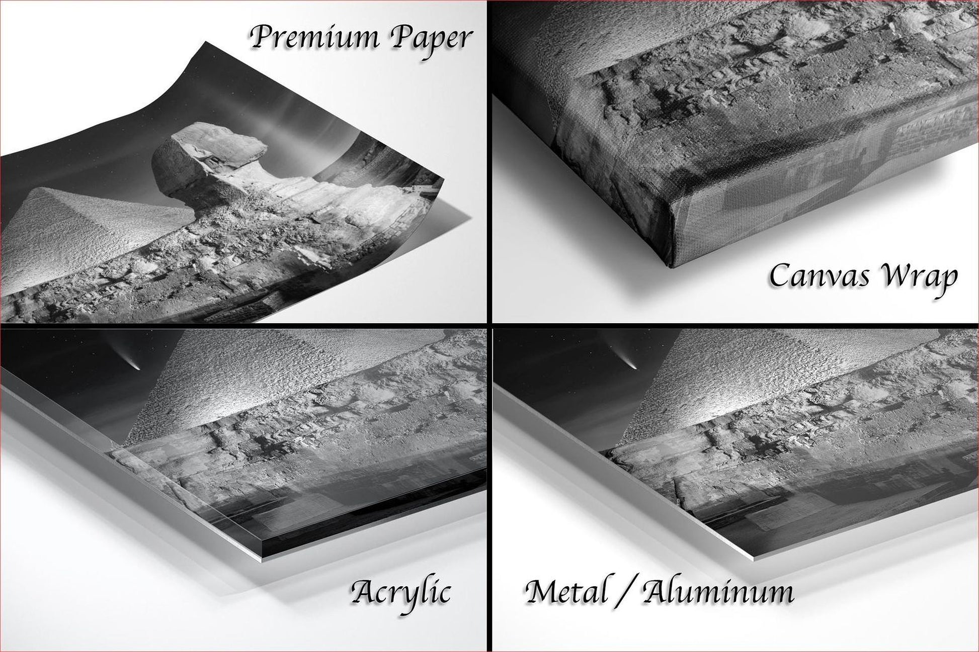The image is a collage of four photographs depicting different types of materials used for framing artwork, including premium paper, canvas wrap, acrylic, and metal/aluminum.