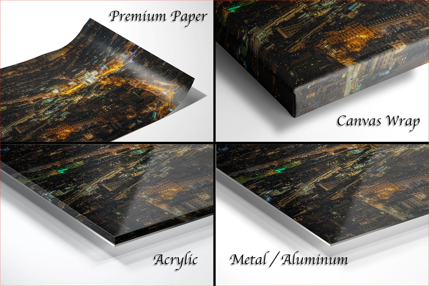 The image is a collage of four different views of a cityscape at night, showcasing various materials such as paper, canvas wrap, acrylic, and metal/aluminum.