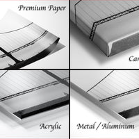 The image is a collage of four different pictures, each depicting a bridge. The first picture is a close-up of a bridge, the second picture is a close-up of a bridge, the third picture is a close-up of a bridge, and the fourth picture is a close-up of a bridge. The text labels the images as "Premium Paper", "Canvas Wrap", "Acrylic", and "Metal/Aluminum".