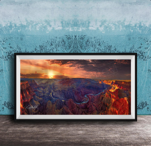 The image is a framed photograph of the Grand Canyon, showcasing the stunning landscape with vibrant colors and dramatic clouds at sunset.