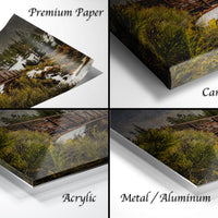 The image is a collage of four different views of a bridge in a forest, each presented in a different medium: premium paper, canvas wrap, acrylic, and metal/aluminum.