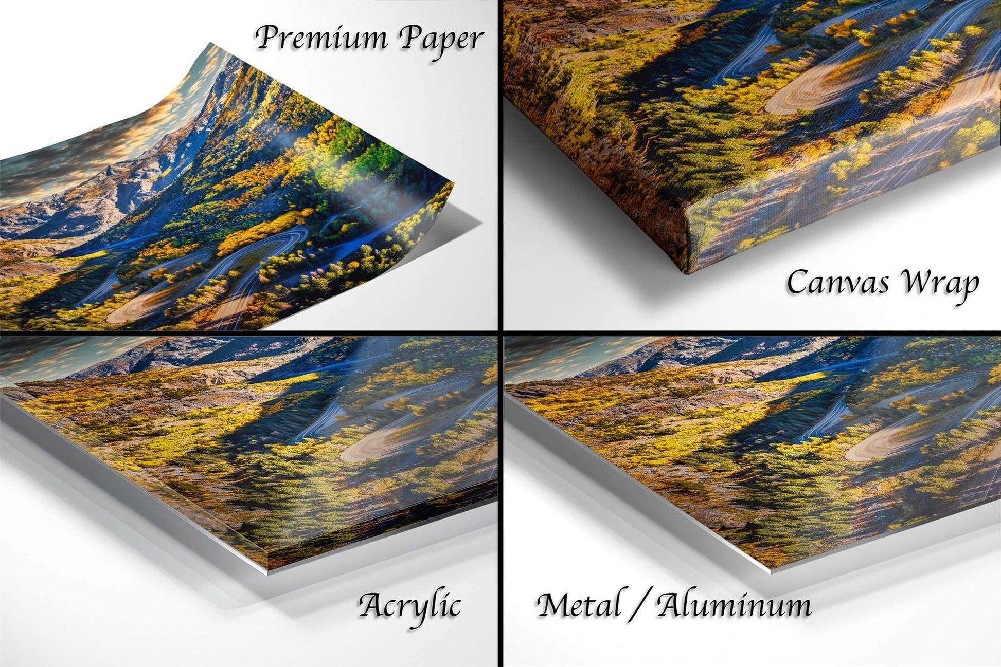 The image is a collage of four different types of printed materials, including a premium paper, a canvas wrap, an acrylic, and a metal/aluminum.
