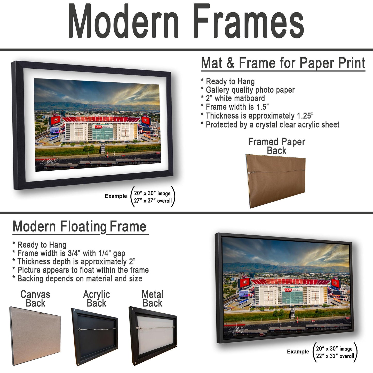The image is a collage of two framed pictures, one of a modern floating frame and the other of a mat and frame for paper print. The collage features a variety of frames and frames for paper print, including a mat and frame for a paper print, a modern floating frame, and a mat and frame for a paper print. The collage also includes examples of mat and frame sizes and materials, such as 20" x 30" mat and frame, and a mat and frame for a paper print.