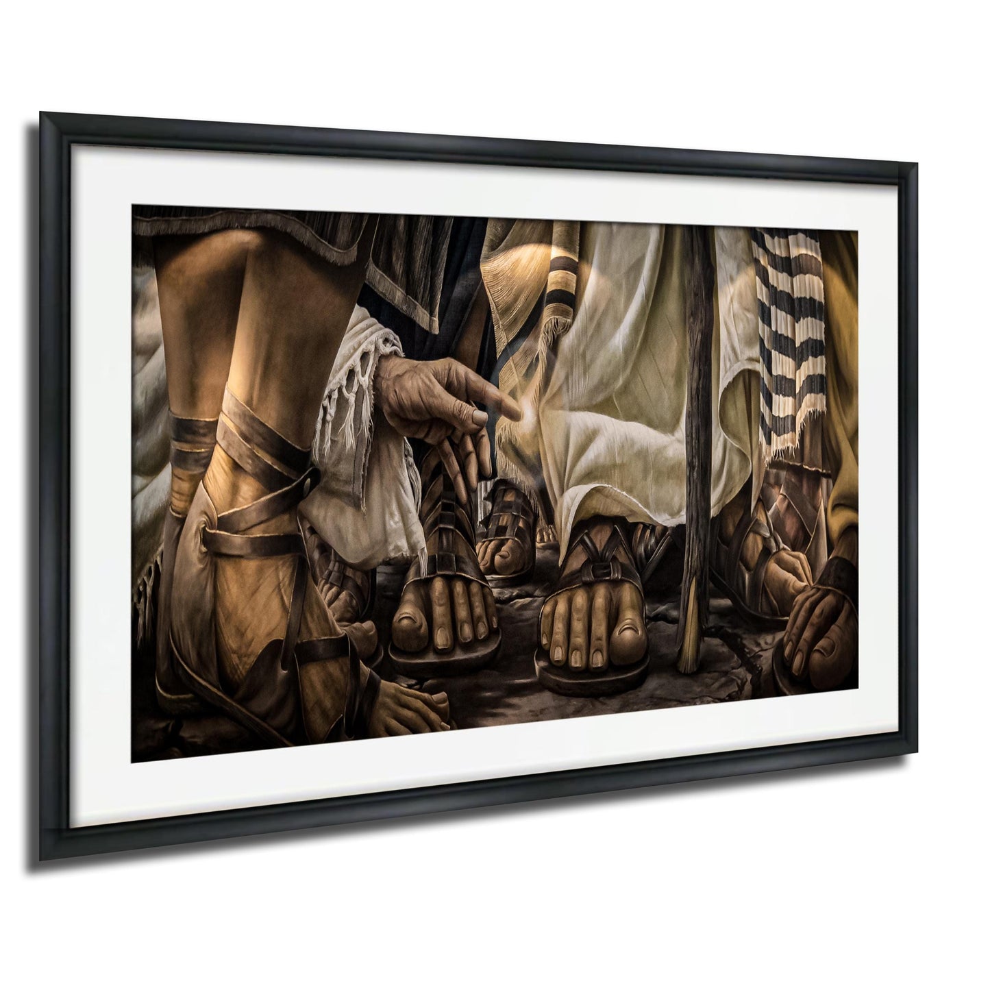 The image is a framed painting depicting a scene with a group of people wearing sandals, possibly from an ancient civilization.