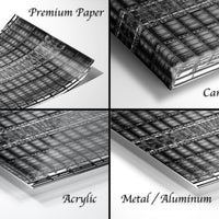 The image is a collage of four different materials: premium paper, canvas wrap, acrylic, and metal/aluminum.