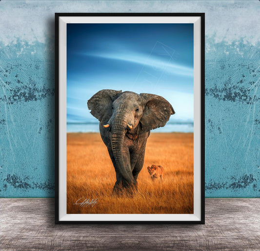 A majestic elephant stands in a golden field, its large ears flapping gently in the breeze, with a lion standing nearby.