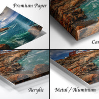 The image is a collage of four different images, each depicting a coastal scene with rocky cliffs, a lighthouse, and the ocean. The images are labeled as "Premium Paper", "Canvas Wrap", "Acrylic", and "Metal/Aluminum" to indicate the materials used for the prints.