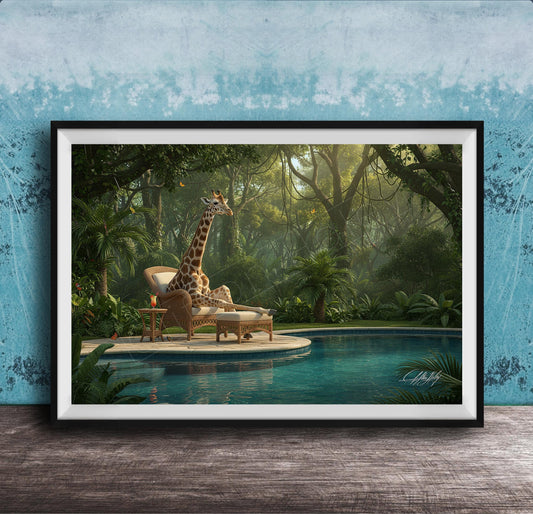 A giraffe lounges on a chair in a lush, tropical jungle setting, with a pool of water in the foreground.